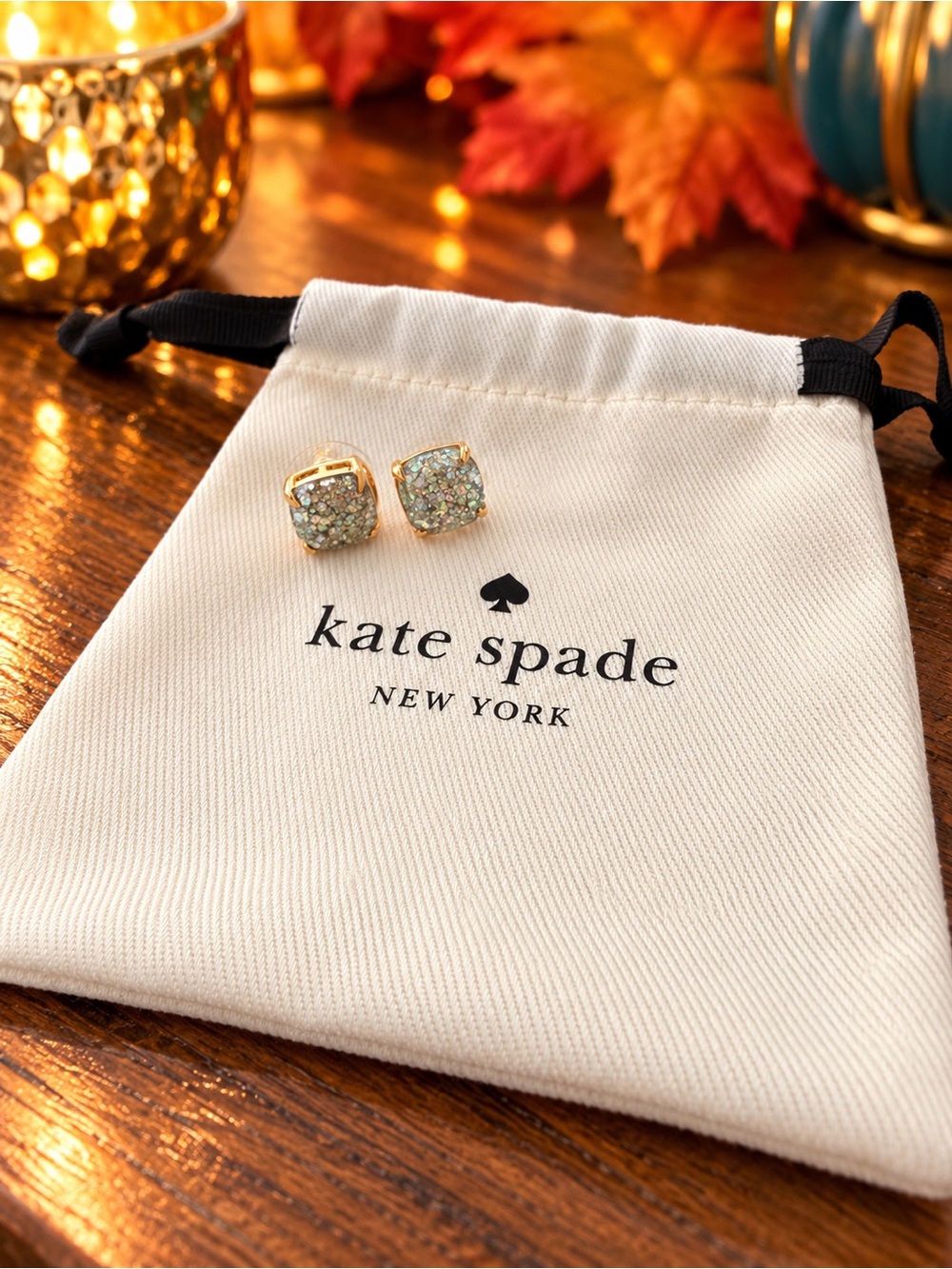 Kate Spade New York Glitter Crystal Square Stud Earrings Gold-Tone and Dust Bag